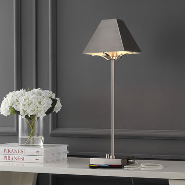 Ruthen 25" Industrial Style Iron Pyramid Bedside LED Table Lamp with USB Charging Port - JONATHAN Y
